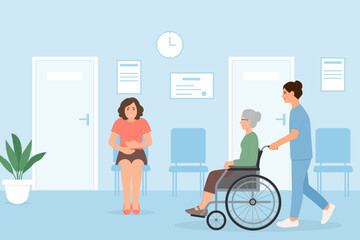 .Patient waits doctor. Woman with stomach ache sits in hospital waiting room. Health care and medical illustration. Vector illustration.