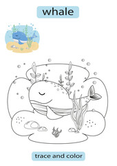 Children's worksheet coloring whale at the bottom of the ocean color Vector EPS10