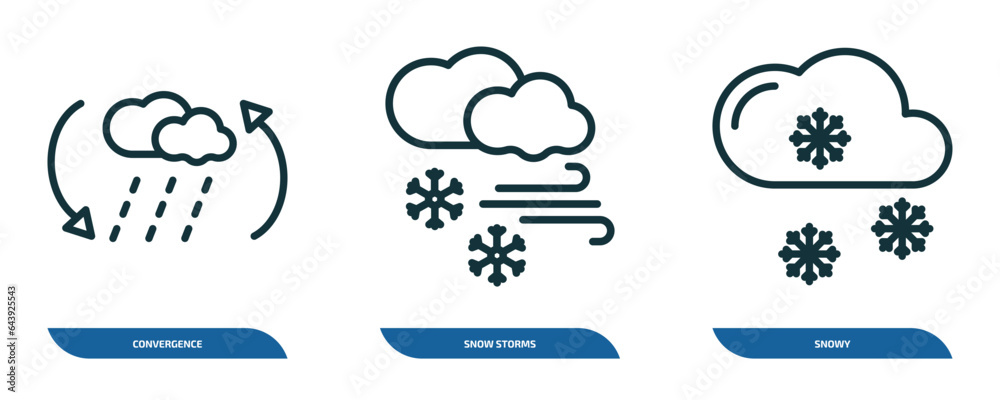 Poster set of 3 linear icons from weather concept. outline icons such as convergence, snow storms, snowy ve
