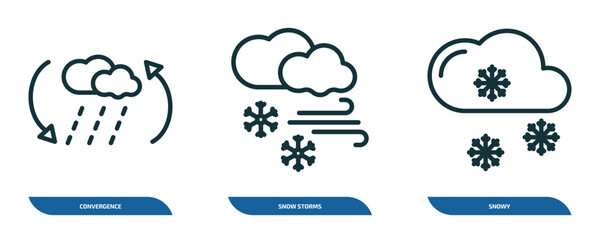 set of 3 linear icons from weather concept. outline icons such as convergence, snow storms, snowy vector