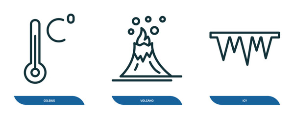 set of 3 linear icons from weather concept. outline icons such as celsius, volcano, icy vector