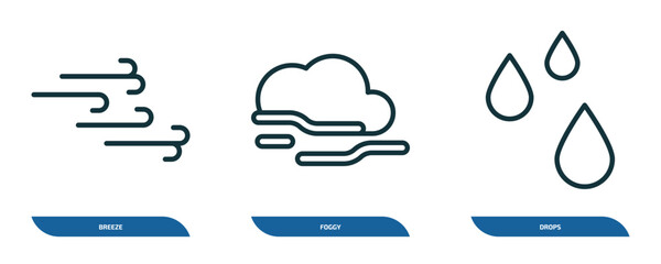 set of 3 linear icons from weather concept. outline icons such as breeze, foggy, drops vector
