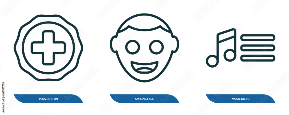 Poster set of 3 linear icons from ultimate glyphicons concept. outline icons such as plus button, smiling f
