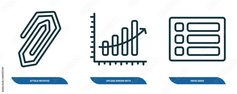 Poster set of 3 linear icons from ultimate glyphicons concept. outline icons such as attach rotated, upload