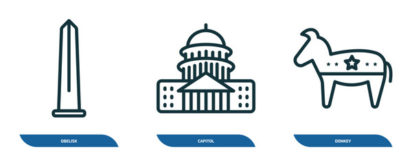 set of 3 linear icons from united states of america concept. outline icons such as obelisk, capitol, donkey vector