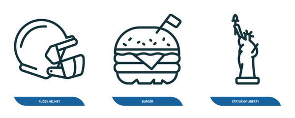 set of 3 linear icons from united states of america concept. outline icons such as rugby helmet, burger, statue of liberty vector