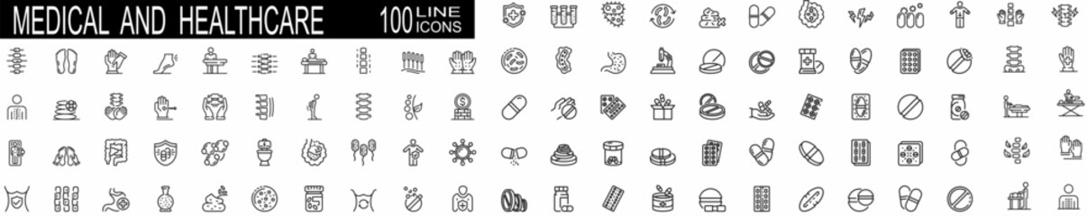 Medical Vector Icons Set. Line Icons, Sign and Symbols. Medicine, Health Care, Internal Organs, Drugs, Symptoms, Dental and Fly. Mobile Concepts and Web Apps. Modern Infographic Logo and Pictogram. 