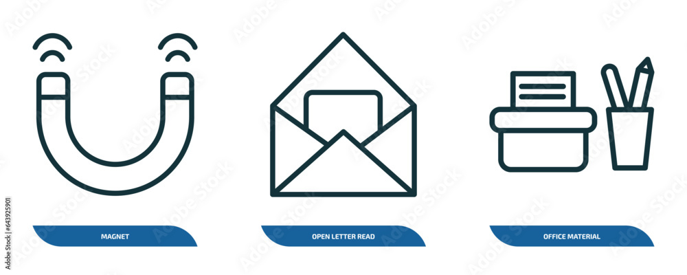 Poster set of 3 linear icons from user interface concept. outline icons such as magnet, open letter read em
