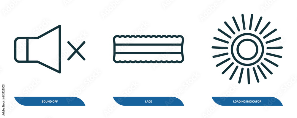 Poster set of 3 linear icons from user interface concept. outline icons such as sound off, lace, loading in