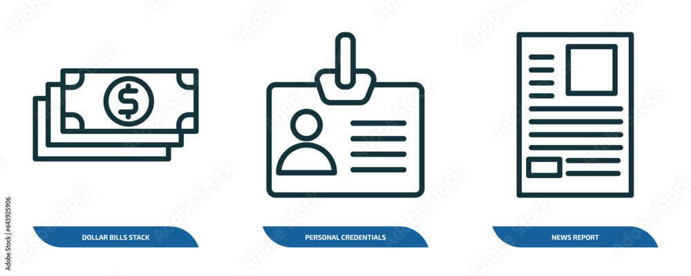 Poster set of 3 linear icons from user interface concept. outline icons such as dollar bills stack, persona