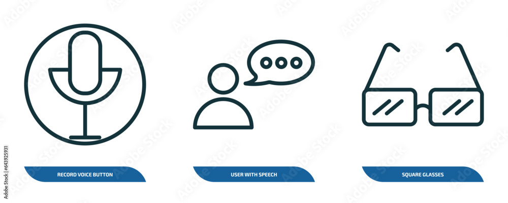 Poster set of 3 linear icons from user interface concept. outline icons such as record voice button, user w