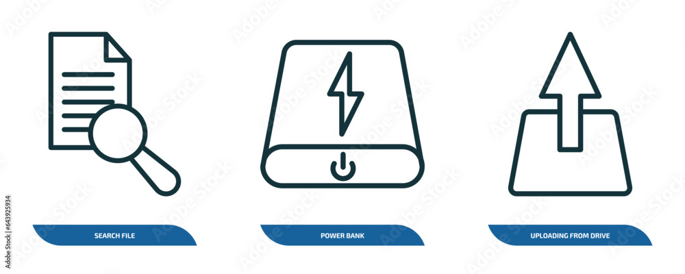 Poster set of 3 linear icons from collection. thin linear concept. outline icons such as search file, power