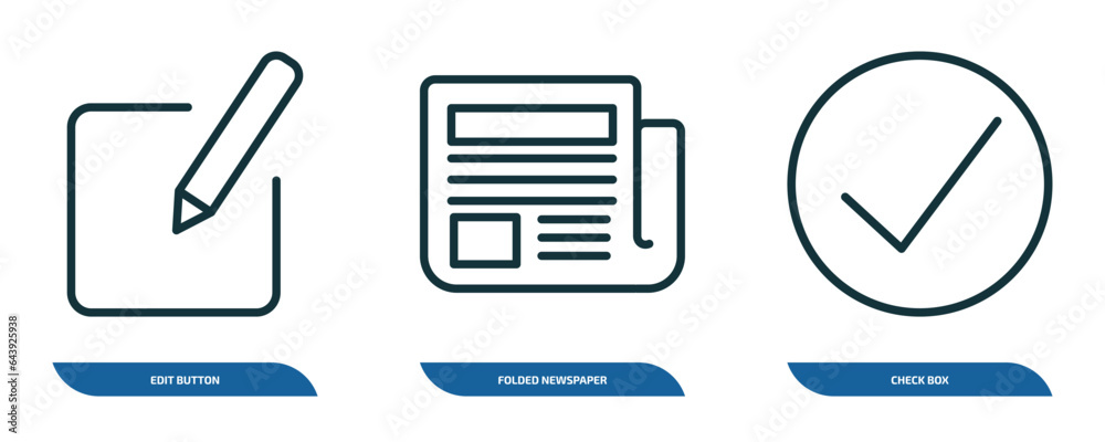 Poster set of 3 linear icons from user interface concept. outline icons such as edit button, folded newspap