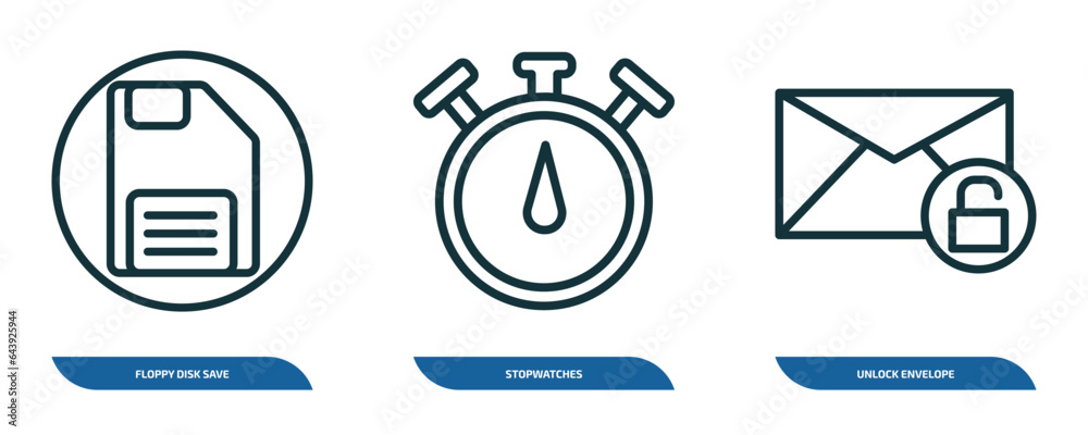 Poster set of 3 linear icons from user interface concept. outline icons such as floppy disk save button, st