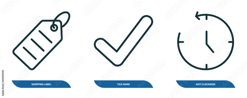 Poster set of 3 linear icons from user interface concept. outline icons such as shopping label, tick mark, 
