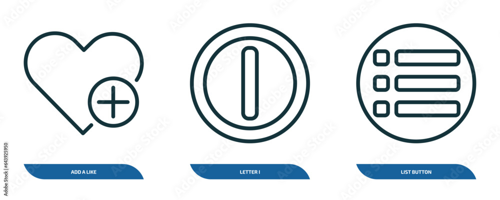 Poster set of 3 linear icons from user interface concept. outline icons such as add a like, letter i, list 