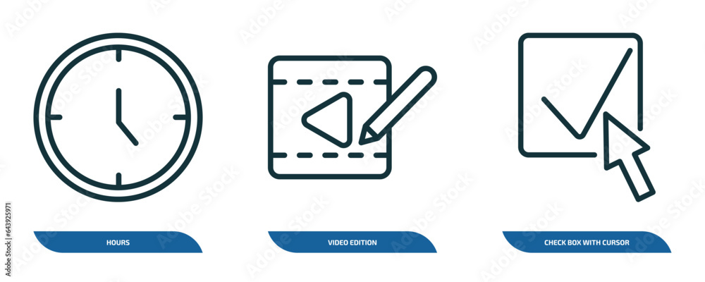 Poster set of 3 linear icons from user interface concept. outline icons such as hours, video edition, check