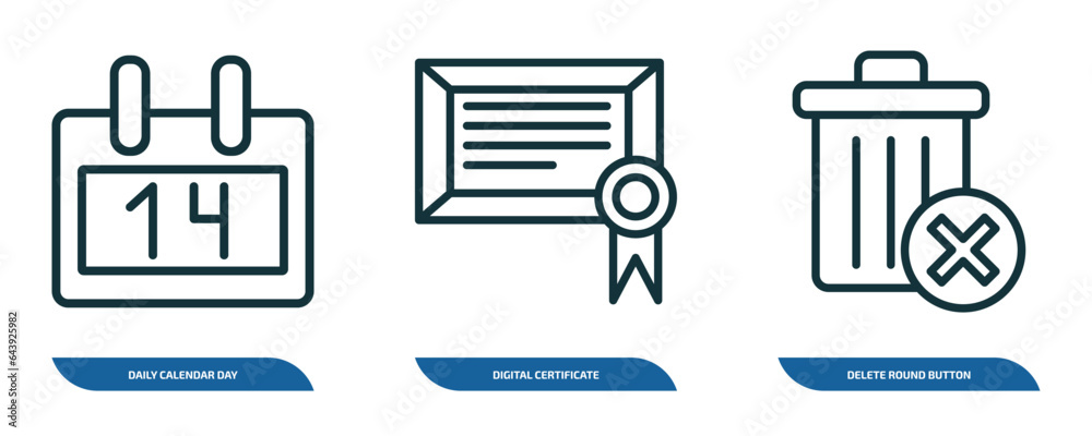 Poster set of 3 linear icons from user interface concept. outline icons such as daily calendar day 14, digi
