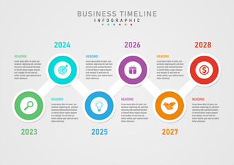 6 year timeline template infographic multi colored circles tiled The center icon is a small white circle, the top and bottom have letters and numbers on a gray gradient background.