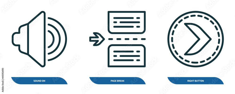 Poster set of 3 linear icons from user interface concept. outline icons such as sound on, page break, right