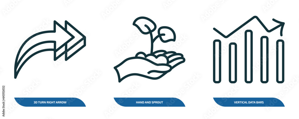 Poster set of 3 linear icons from user interface concept. outline icons such as 3d turn right arrow, hand a