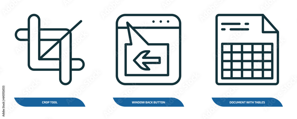 Poster set of 3 linear icons from user interface concept. outline icons such as crop tool, window back butt