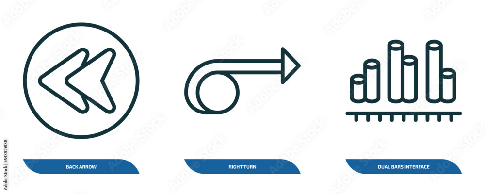 Poster set of 3 linear icons from user interface concept. outline icons such as back arrow, right turn, dua