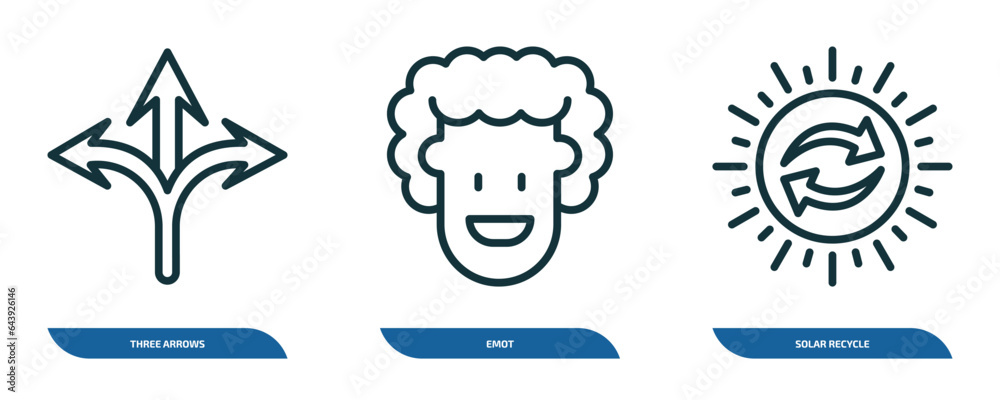 Poster set of 3 linear icons from user interface concept. outline icons such as three arrows, emot, solar r
