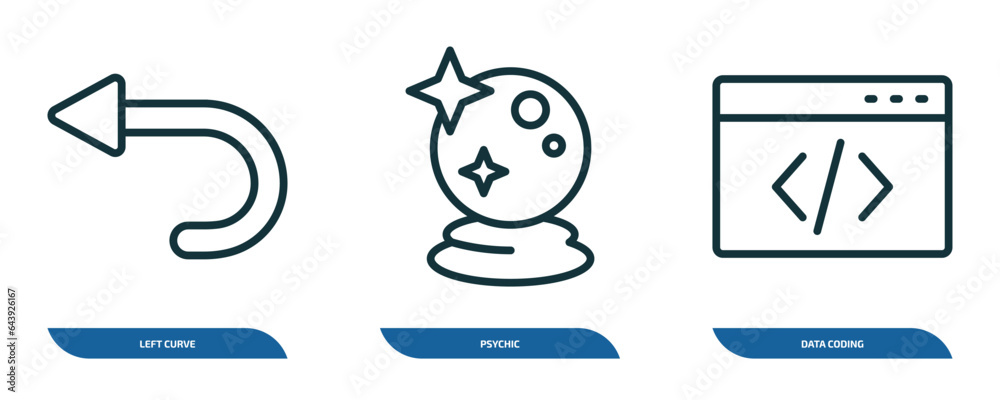 Poster set of 3 linear icons from user interface concept. outline icons such as left curve, psychic, data c
