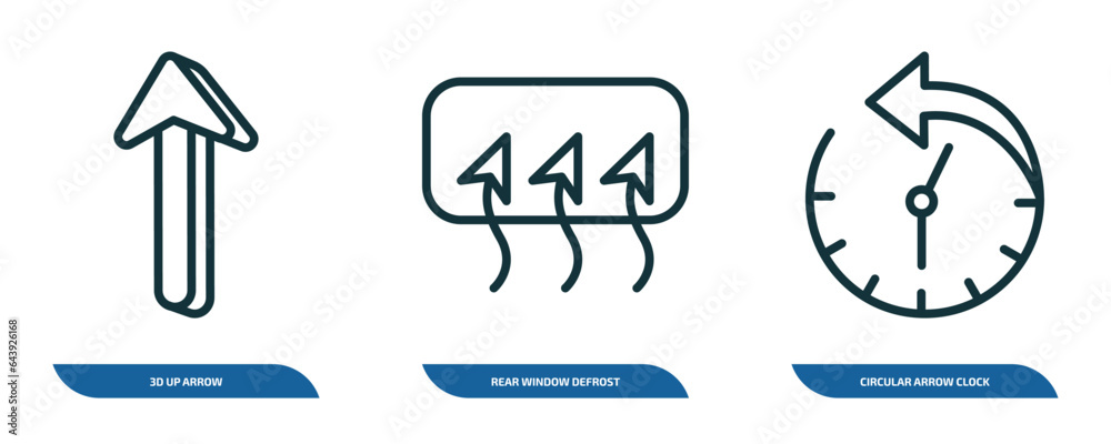Poster set of 3 linear icons from user interface concept. outline icons such as 3d up arrow, rear window de