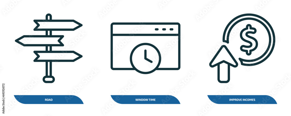 Poster set of 3 linear icons from user interface concept. outline icons such as road, window time, improve 