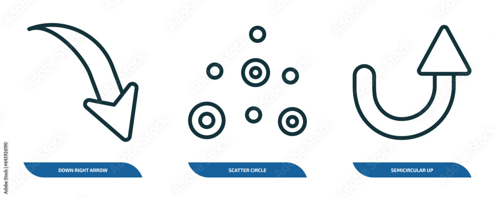 Poster set of 3 linear icons from user interface concept. outline icons such as down right arrow, scatter c