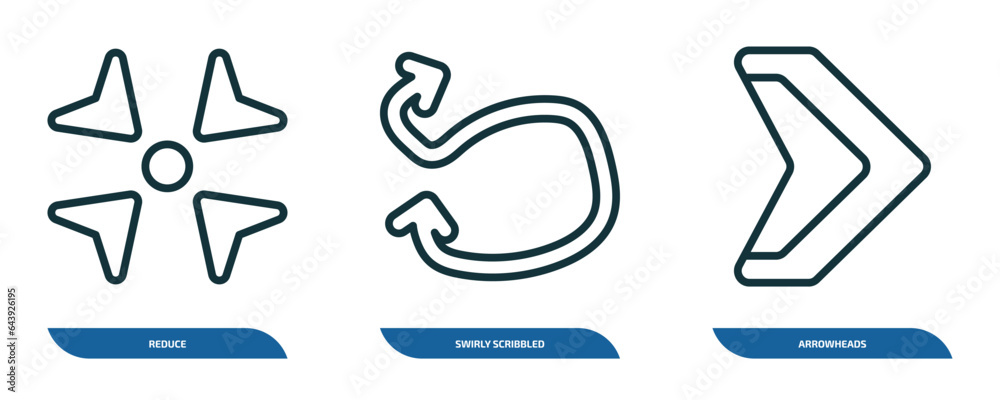 Poster set of 3 linear icons from user interface concept. outline icons such as reduce, swirly scribbled ar