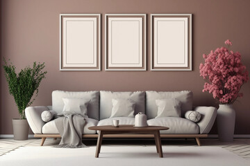 Living Room Mockup - 3 Frames Over Couch Setup - Modern Home Decor Interior Design - Wall Art Display - Contemporary Furniture Background - High-Resolution Image