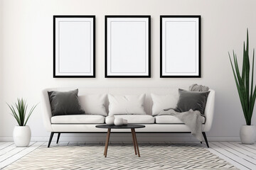 Living Room Mockup - 3 Frames Over Couch Setup - Modern Home Decor Interior Design - Wall Art Display - Contemporary Furniture Background - High-Resolution Image