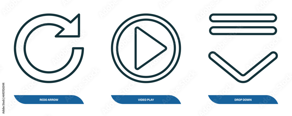 Poster set of 3 linear icons from user interface concept. outline icons such as redo arrow, video play, dro