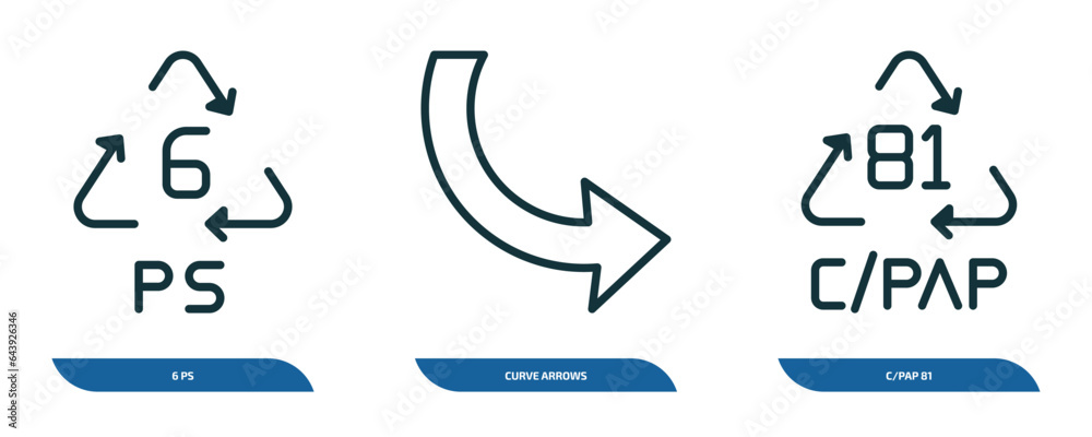 Poster set of 3 linear icons from user interface concept. outline icons such as 6 ps, curve arrows, c/pap 8