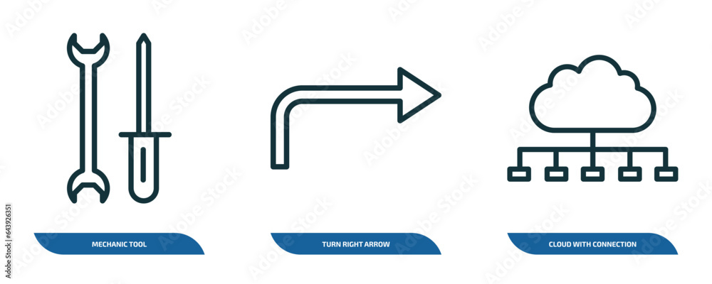 Poster set of 3 linear icons from user interface concept. outline icons such as mechanic tool, turn right a