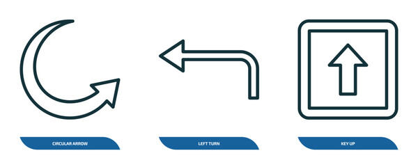 set of 3 linear icons from user interface concept. outline icons such as circular arrow, left turn, key up vector