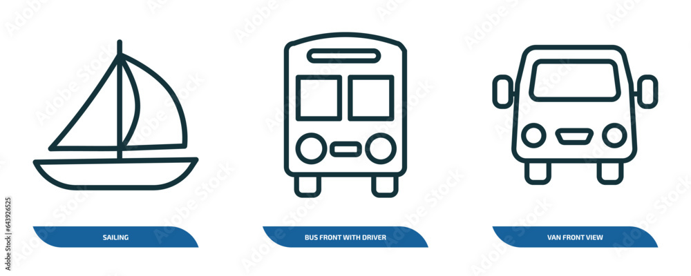 Poster set of 3 linear icons from transport concept. outline icons such as sailing, bus front with driver, 
