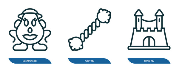Fototapeta premium set of 3 linear icons from toys concept. outline icons such as mrs potato toy, puppy toy, castle toy vector