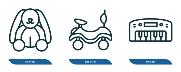 set of 3 linear icons from toys concept. outline icons such as bunny toy, ride on toy, piano toy vector