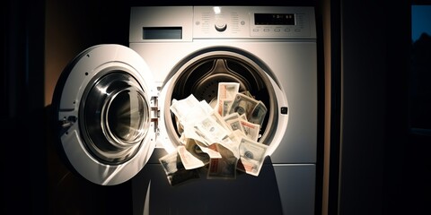  White Washing Machine Filled with Money in a Laundry Room
