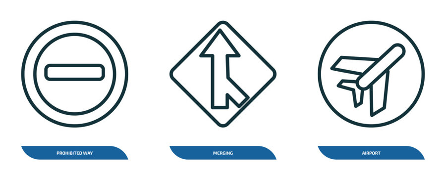 set of 3 linear icons from traffic signs concept. outline icons such as prohibited way, merging, airport vector