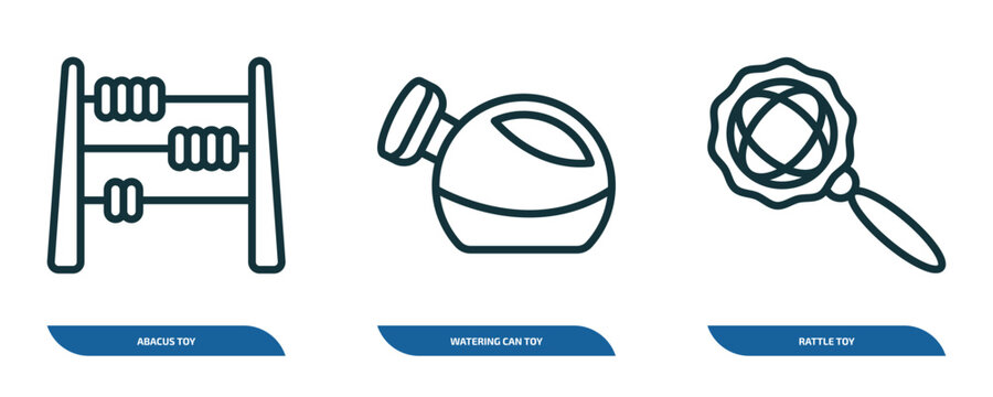 set of 3 linear icons from toys concept. outline icons such as abacus toy, watering can toy, rattle toy vector