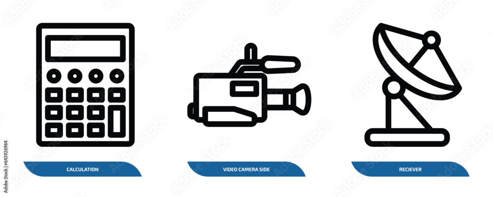 Wall mural set of 3 linear icons from technology concept. outline icons such as calculation, video camera side 