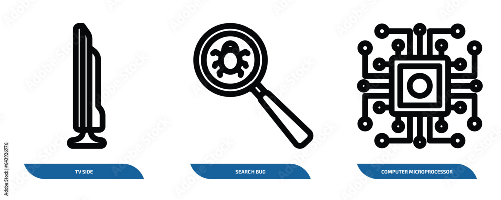 Poster set of 3 linear icons from technology concept. outline icons such as tv side, search bug, computer m