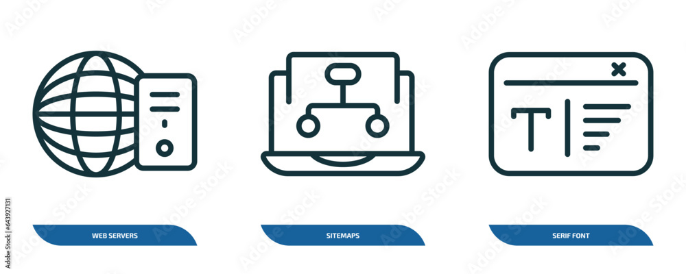 Poster set of 3 linear icons from technology concept. outline icons such as web servers, sitemaps, serif fo