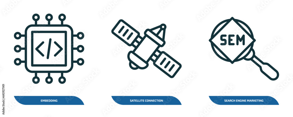 Poster set of 3 linear icons from technology concept. outline icons such as embedding, satellite connection