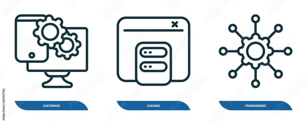 Poster set of 3 linear icons from technology concept. outline icons such as customize, caching, frameworks 